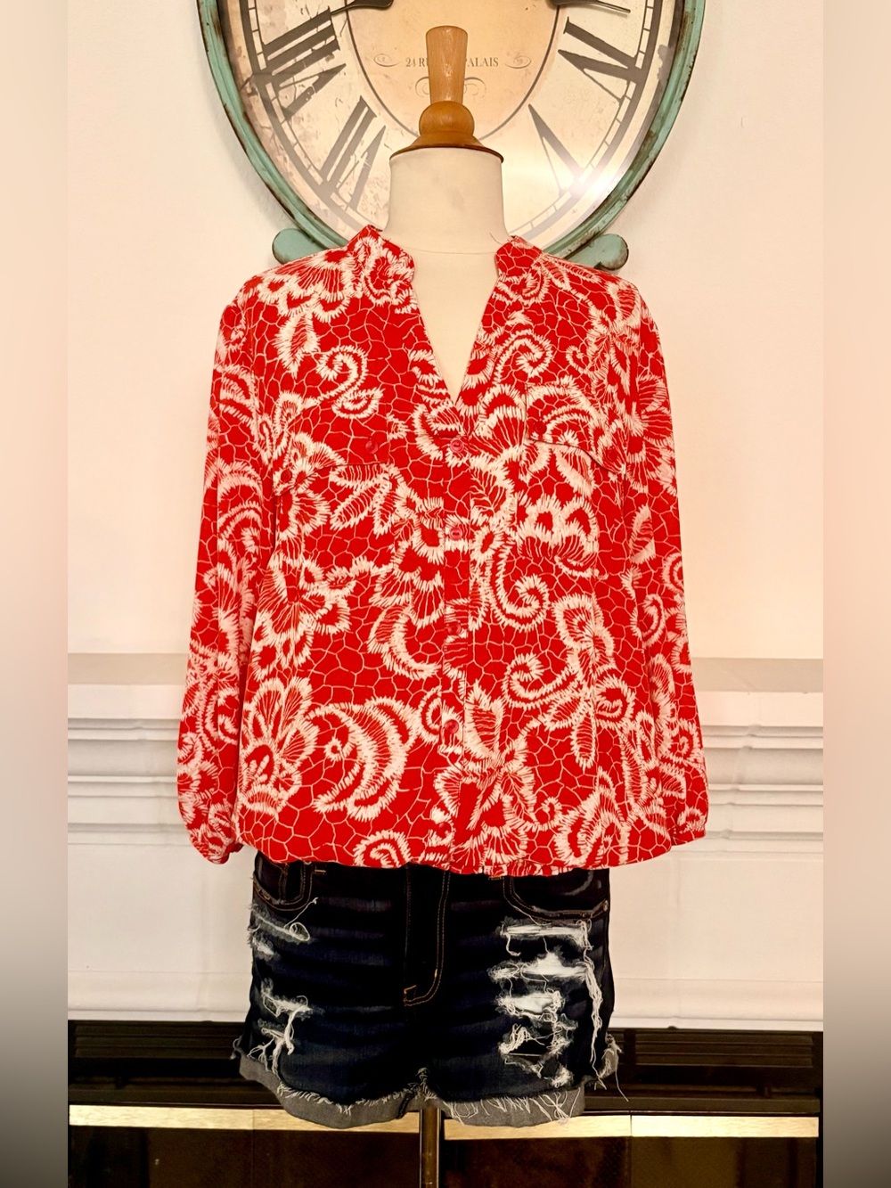 Zac & Rachel Red and White Floral V-Neck Blouse